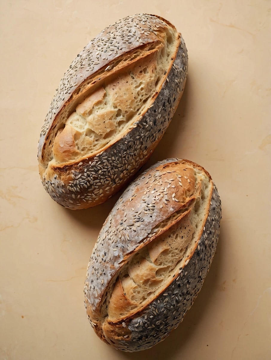 Two seeded loaves, scored along the top and dusted with flour