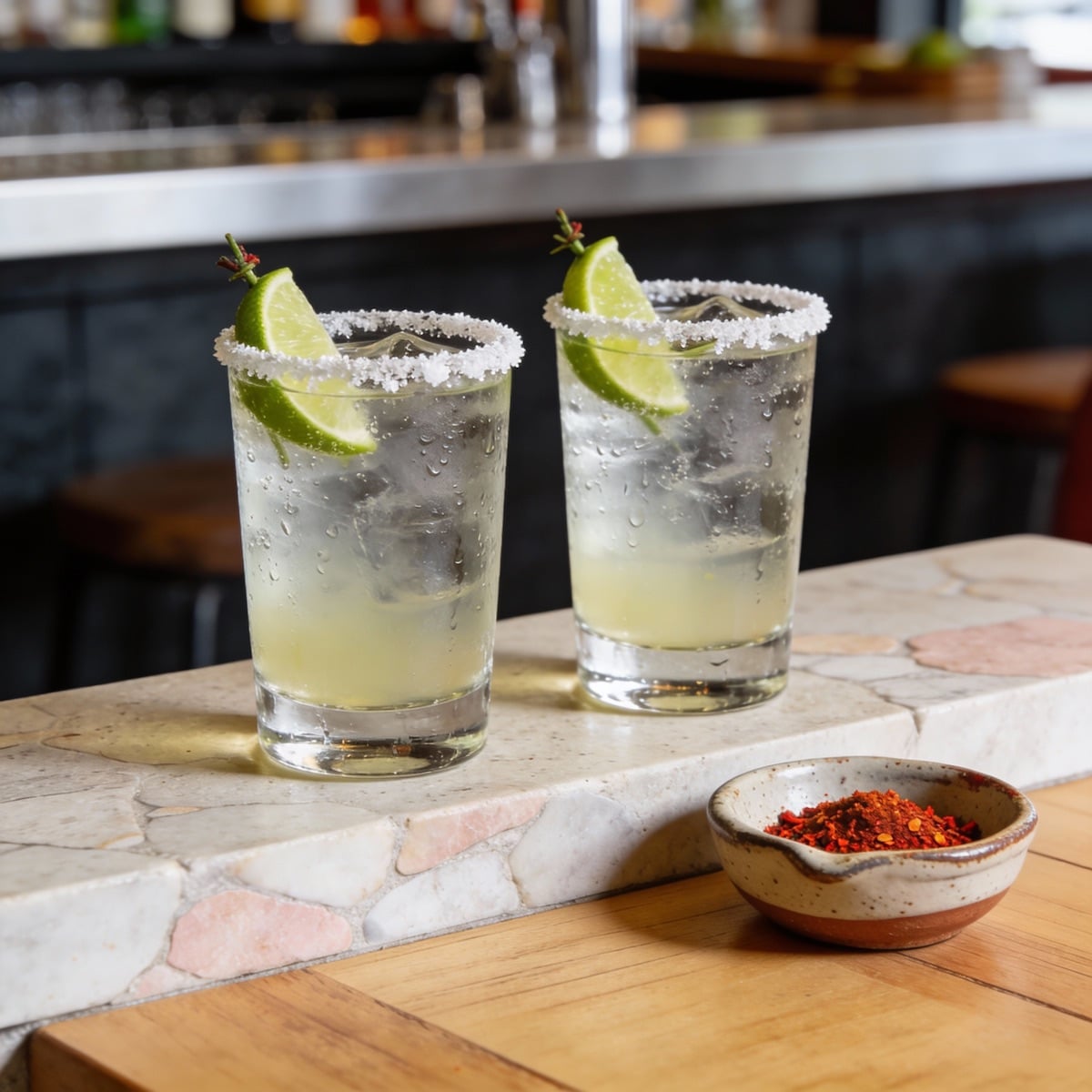 Two salt-rimmed glasses with lime wedges on a stone bar counter, a small dish of chilli flakes beside them
