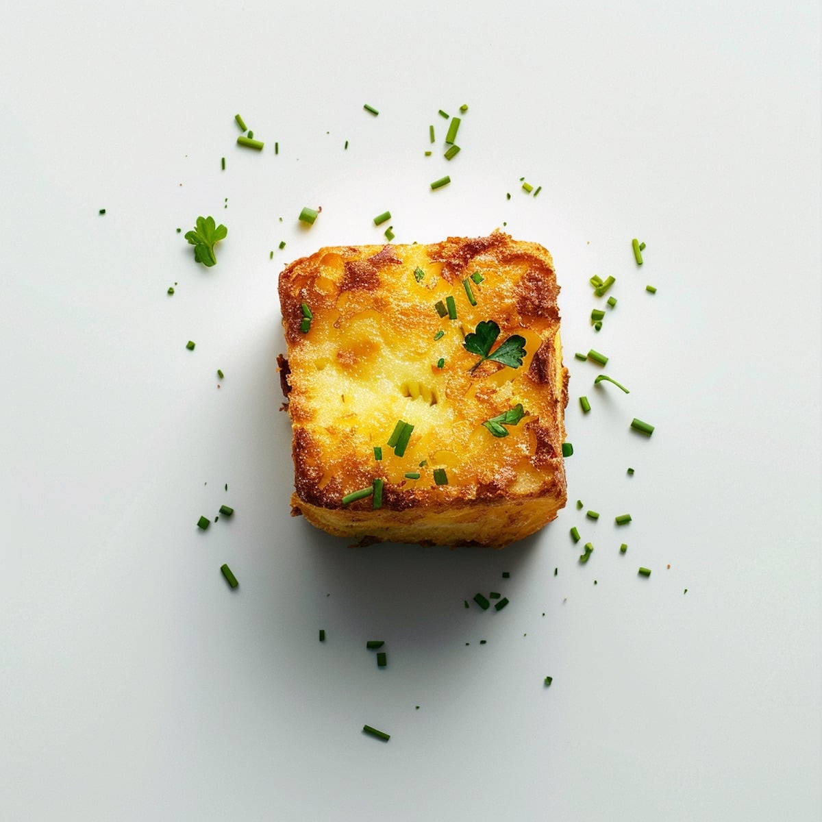 A golden-brown baked square scattered with chopped chives and parsley, on a plain white surface