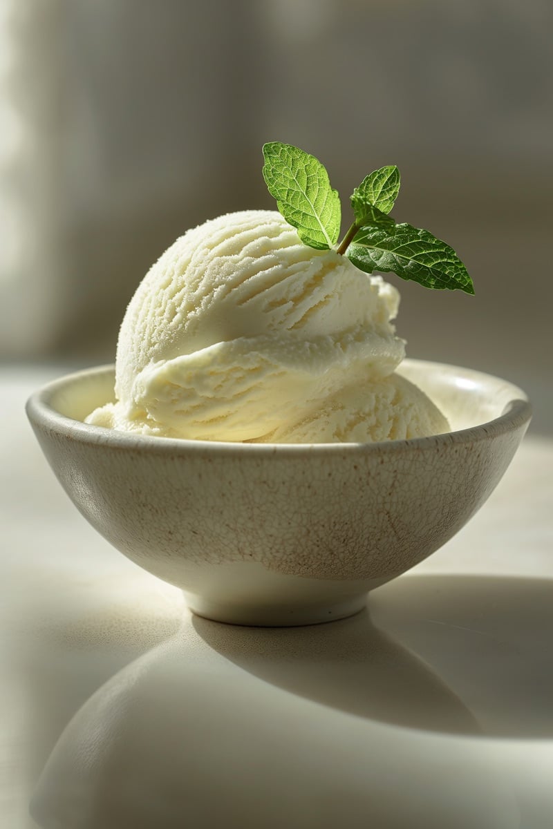 A scoop of pale ice cream in a small ceramic bowl, a sprig of mint resting on top